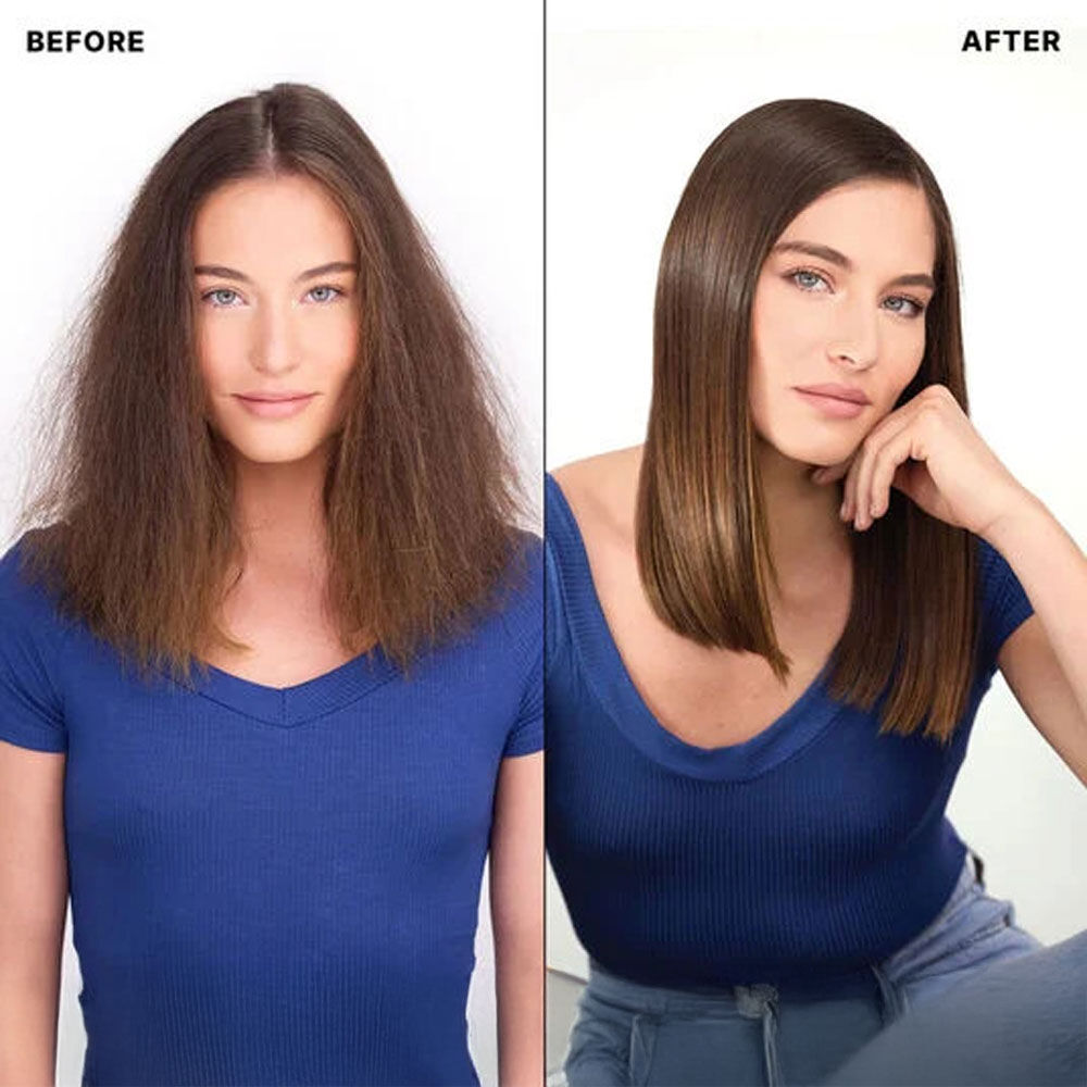 Before and after showing frizzy hair transformed into smooth, sleek hair.